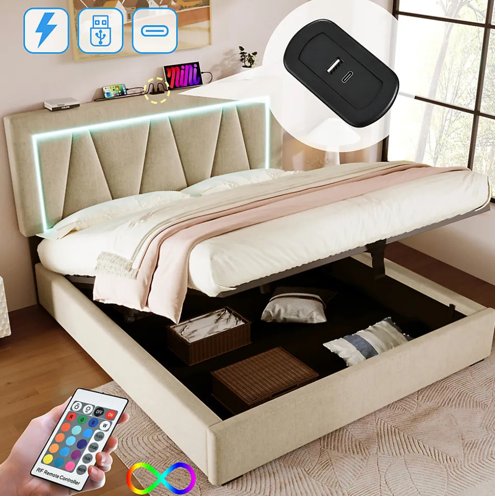 Lit rembourré lit coffre 160x200 cm lit de rangement lit eclairage led avec fonction de chargement usb type c lit double lin beige