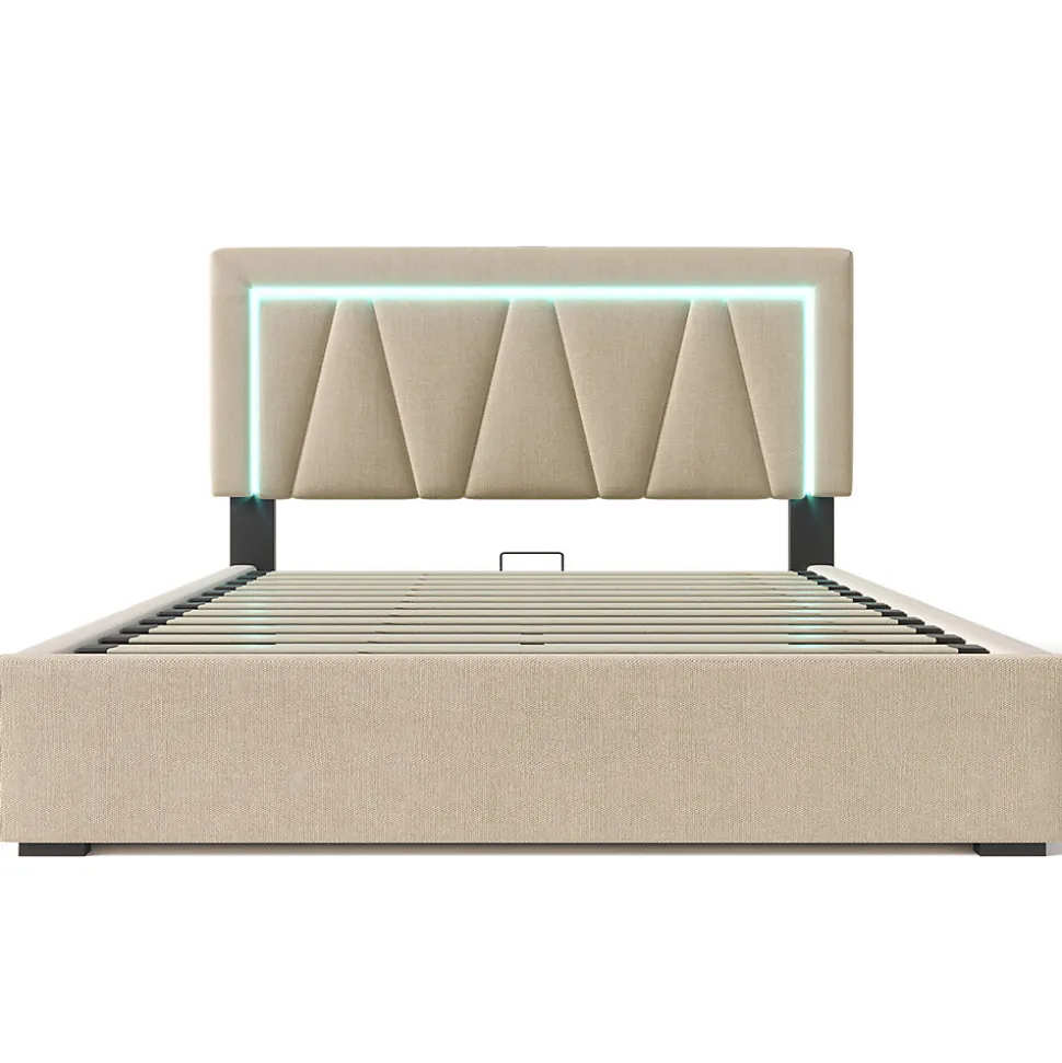 Lit rembourré lit coffre 160x200 cm lit de rangement lit eclairage led avec fonction de chargement usb type c lit double lin beige