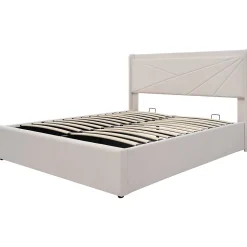 Lit rembourré lit coffre 140x200 cm lit de rangement lit tête de lit à fonction de charge usb type c lit double coton lin beige