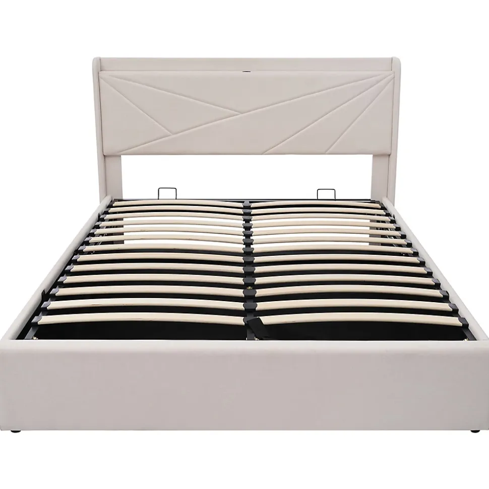 Lit rembourré lit coffre 140x200 cm lit de rangement lit tête de lit à fonction de charge usb type c lit double coton lin beige