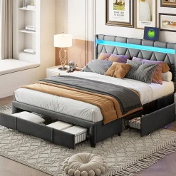 Lit Rembourré lit double 160x200cm avec 4 tiroirs et LED, USB, cadre de lit, lin gris