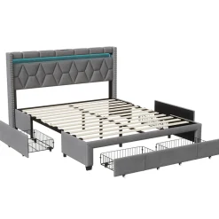 Lit Rembourré lit double 160x200cm avec 4 tiroirs et LED, USB, cadre de lit, lin gris