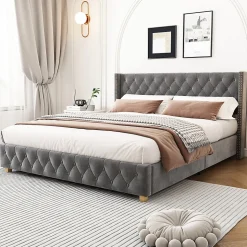 Lit rembourré lit 160x200cm lit rembourrage à rivets lit pieds en bois velours gris