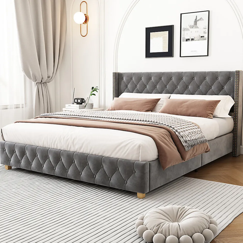 Lit rembourré lit 160x200cm lit rembourrage à rivets lit pieds en bois velours gris