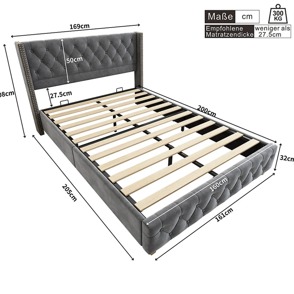 Lit rembourré lit 160x200cm lit rembourrage à rivets lit pieds en bois velours gris