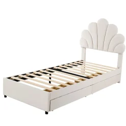 Lit rembourré pour enfant 90 x 200 cm, tête de lit à fleurs, 2 compartiments, beige, Blackcolors