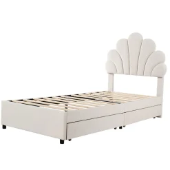 Lit rembourré pour enfant 90 x 200 cm, tête de lit à fleurs, 2 compartiments, beige, Blackcolors