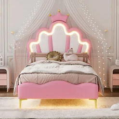 Lit Rembourré Pour Enfant 90 X 200 Cm Avec LED, Lit De Princesse Couronne, En Polyuréthane, Rose