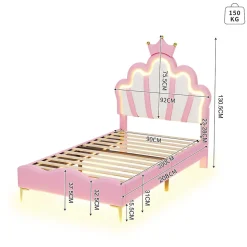 Lit Rembourré Pour Enfant 90 X 200 Cm Avec LED, Lit De Princesse Couronne, En Polyuréthane, Rose