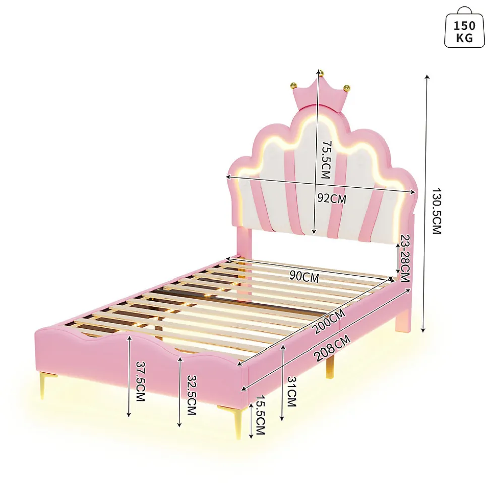 Lit Rembourré Pour Enfant 90 X 200 Cm Avec LED, Lit De Princesse Couronne, En Polyuréthane, Rose