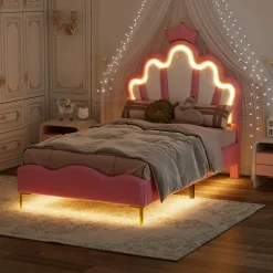 Lit Rembourré Pour Enfant 90 X 200 Cm Avec LED, Lit De Princesse Couronne, En Polyuréthane, Rose