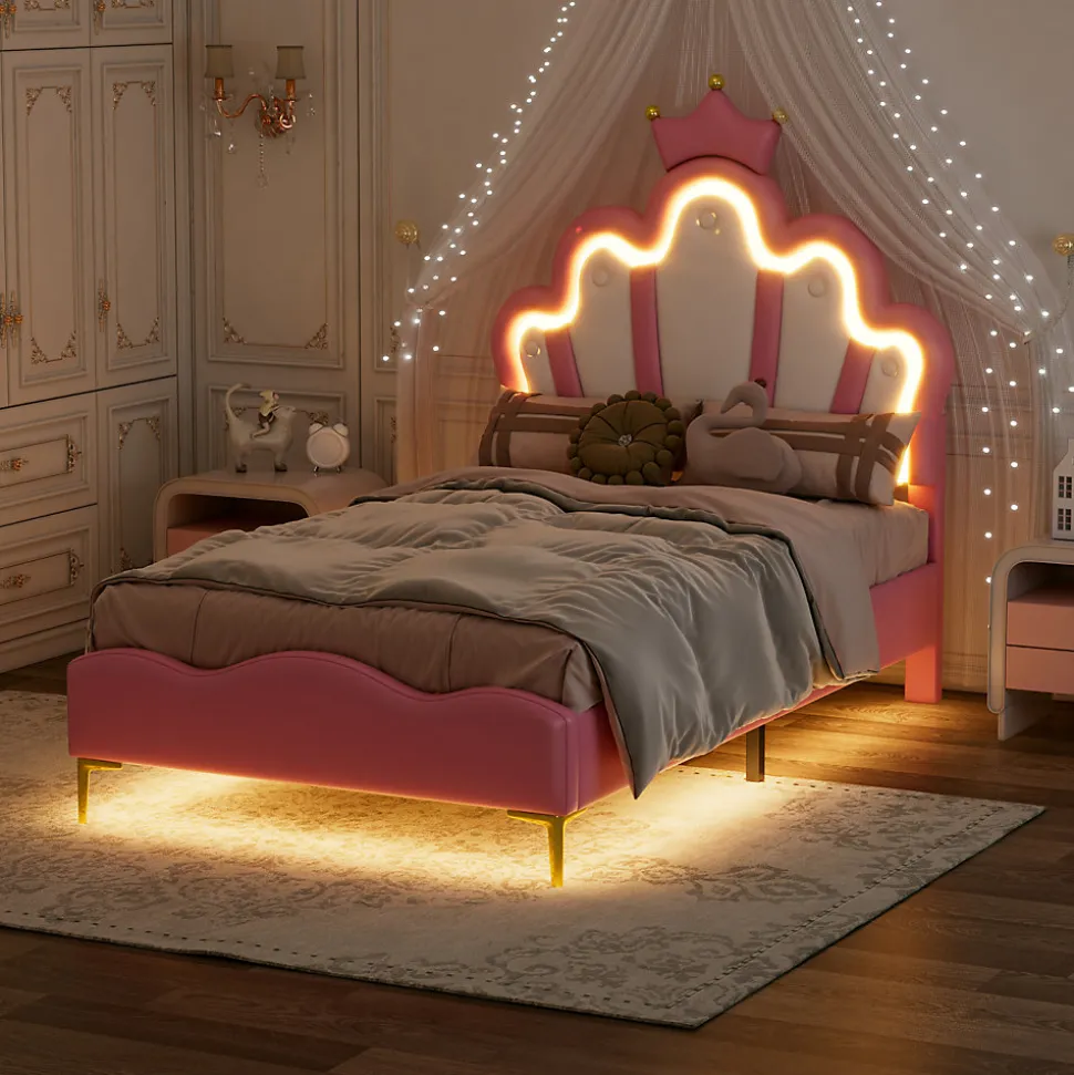 Lit Rembourré Pour Enfant 90 X 200 Cm Avec LED, Lit De Princesse Couronne, En Polyuréthane, Rose