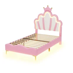 Lit Rembourré Pour Enfant 90 X 200 Cm Avec LED, Lit De Princesse Couronne, En Polyuréthane, Rose