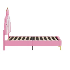 Lit Rembourré Pour Enfant 90 X 200 Cm Avec LED, Lit De Princesse Couronne, En Polyuréthane, Rose