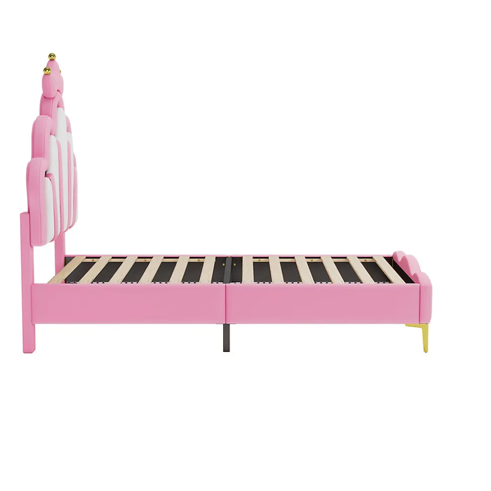 Lit Rembourré Pour Enfant 90 X 200 Cm Avec LED, Lit De Princesse Couronne, En Polyuréthane, Rose
