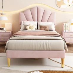 Lit rembourré Single 90x200 cm avec sommier à lattes - tête de lit réglable - tissu en velours - rose