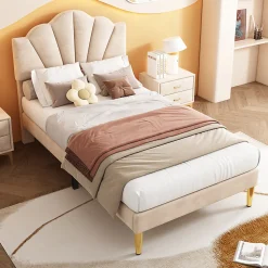 Lit rembourré Single 90x200 cm avec sommier à lattes - tête de lit réglable - tissu en velours - beige