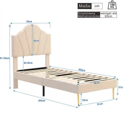 Lit rembourré Single 90x200 cm avec sommier à lattes - tête de lit réglable - tissu en velours - beige