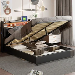 Lit Rembourré 180x200 avec USB et prises, LED,lit à coffre hydraulique lit double, simili cuir, noir