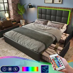 Lit rembourré 160x200 cm avec LED et 4 tiroirs - tête de lit réglable en hauteur - en similicuir noir