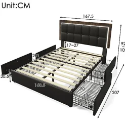 Lit rembourré 160x200 cm avec LED et 4 tiroirs - tête de lit réglable en hauteur - en similicuir noir