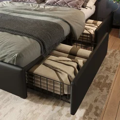 Lit rembourré 160x200 cm avec LED et 4 tiroirs - tête de lit réglable en hauteur - en similicuir noir