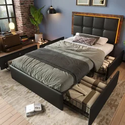 Lit rembourré 90x200 cm avec LED et 4 tiroirs - tête de lit réglable en hauteur - en similicuir noir