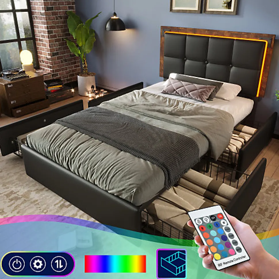 Lit rembourré 90x200 cm avec LED et 4 tiroirs - tête de lit réglable en hauteur - en similicuir noir