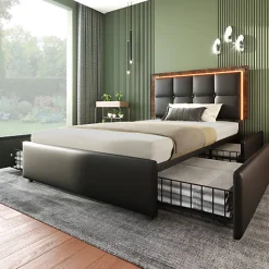 Lit rembourré 90x200 cm avec LED et 4 tiroirs - tête de lit réglable en hauteur - en similicuir noir