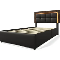 Lit rembourré 90x200 cm avec LED et 4 tiroirs - tête de lit réglable en hauteur - en similicuir noir