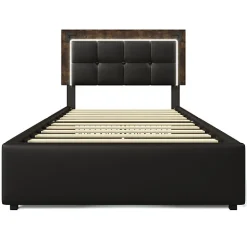 Lit rembourré 90x200 cm avec LED et 4 tiroirs - tête de lit réglable en hauteur - en similicuir noir