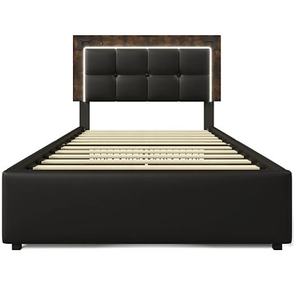 Lit rembourré 90x200 cm avec LED et 4 tiroirs - tête de lit réglable en hauteur - en similicuir noir