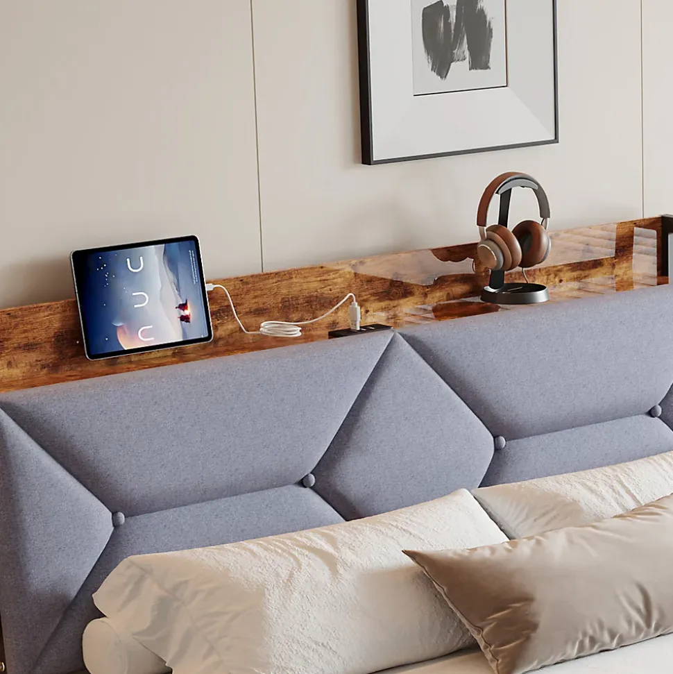 Lit Rembourré 160x200 Cm Avec Ports USB, Étagères Ouvertes Et Tiroirs Dans La Tête De Lit, Gris