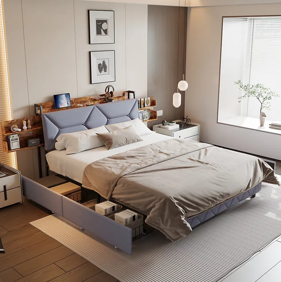 Lit Rembourré 160x200 Cm Avec Ports USB, Étagères Ouvertes Et Tiroirs Dans La Tête De Lit, Gris