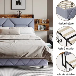 Lit Rembourré 160x200 Cm Avec Ports USB, Étagères Ouvertes Et Tiroirs Dans La Tête De Lit, Gris