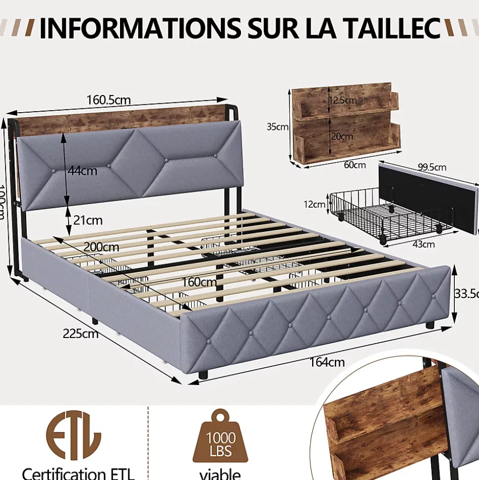 Lit Rembourré 160x200 Cm Avec Ports USB, Étagères Ouvertes Et Tiroirs Dans La Tête De Lit, Gris