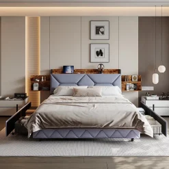 Lit Rembourré 160x200 Cm Avec Ports USB, Étagères Ouvertes Et Tiroirs Dans La Tête De Lit, Gris