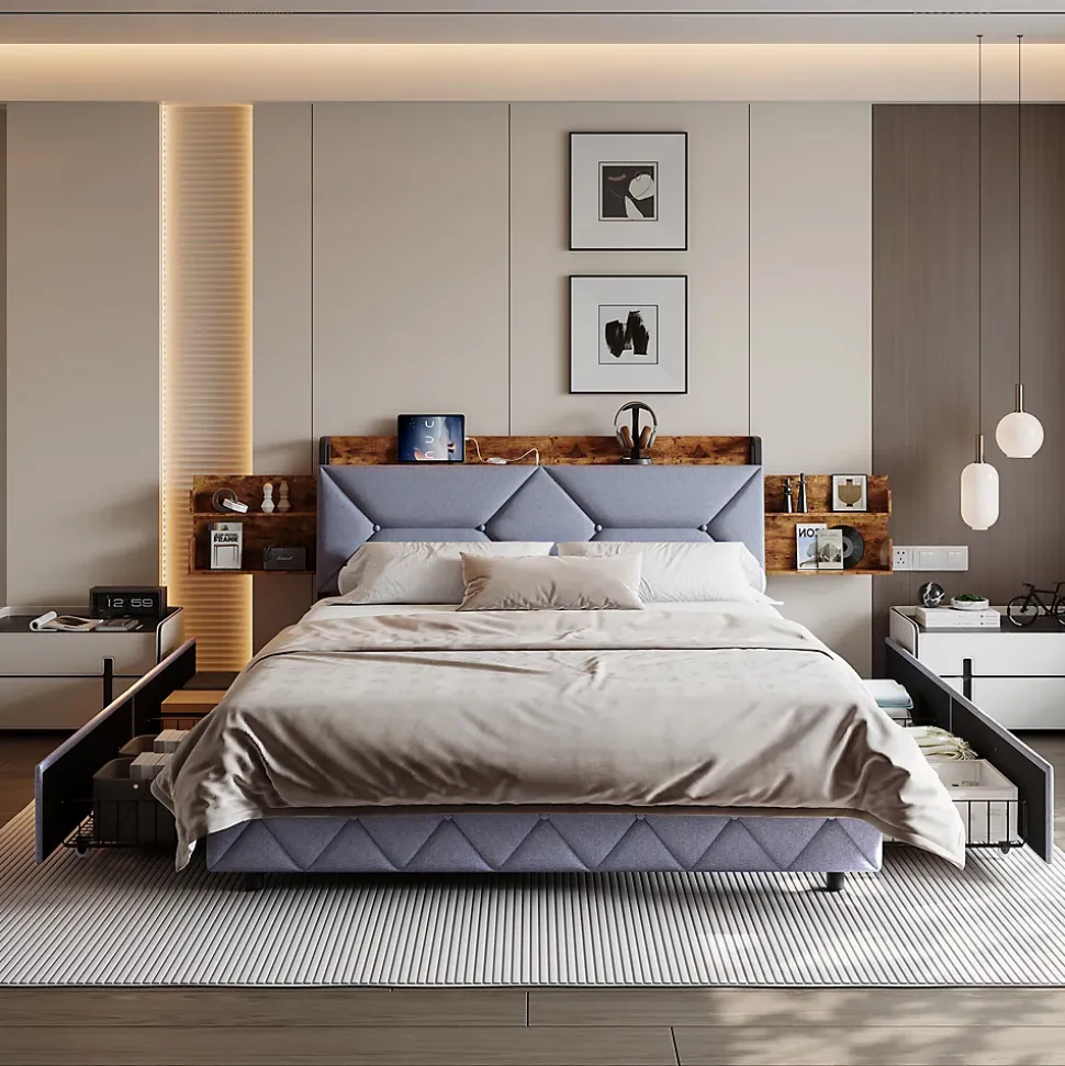 Lit Rembourré 160x200 Cm Avec Ports USB, Étagères Ouvertes Et Tiroirs Dans La Tête De Lit, Gris