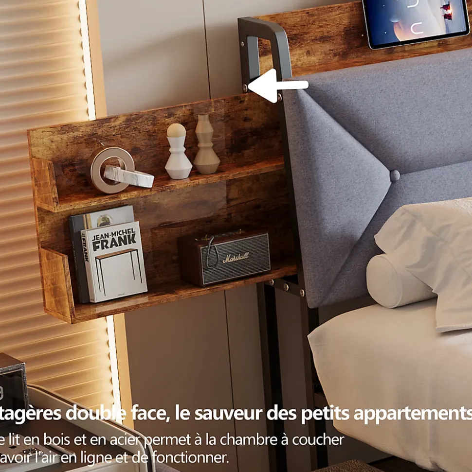 Lit Rembourré 160x200 Cm Avec Ports USB, Étagères Ouvertes Et Tiroirs Dans La Tête De Lit, Gris