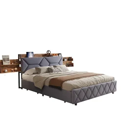 Lit Rembourré 160x200 Cm Avec Ports USB, Étagères Ouvertes Et Tiroirs Dans La Tête De Lit, Gris