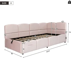 Lit rembourré 90x200 cm avec sommier en velours rose port USB poche de rangement sans matelas