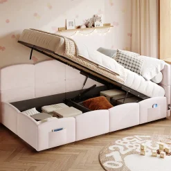 Lit rembourré 90x200 cm avec sommier en velours rose port USB poche de rangement sans matelas