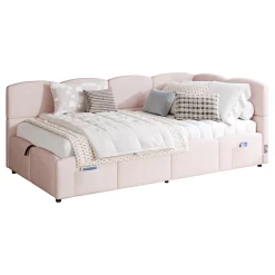 Lit rembourré 90x200 cm avec sommier en velours rose port USB poche de rangement sans matelas