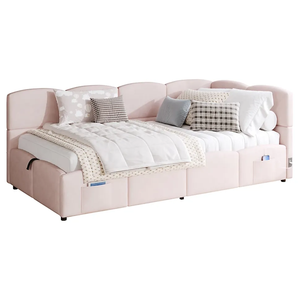 Lit rembourré 90x200 cm avec sommier en velours rose port USB poche de rangement sans matelas