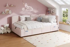 Lit rembourré 90x200 cm avec sommier en velours rose port USB poche de rangement sans matelas