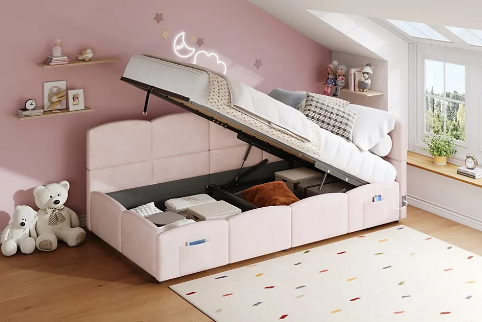 Lit rembourré 90x200 cm avec sommier en velours rose port USB poche de rangement sans matelas