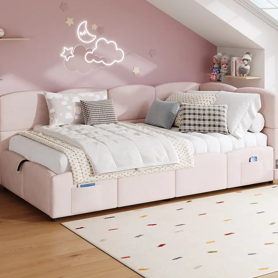 Lit rembourré 90x200 cm avec sommier en velours rose port USB poche de rangement sans matelas