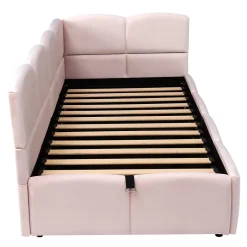 Lit rembourré 90x200 cm avec sommier en velours rose port USB poche de rangement sans matelas