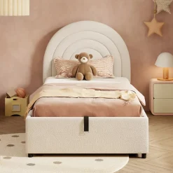 Lit rembourré 90x200 cm avec sommier tissu bouclette beige lattes en bois montage facile pour jeunes et adultes