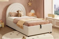 Lit rembourré 90x200 cm avec sommier tissu bouclette beige lattes en bois montage facile pour jeunes et adultes